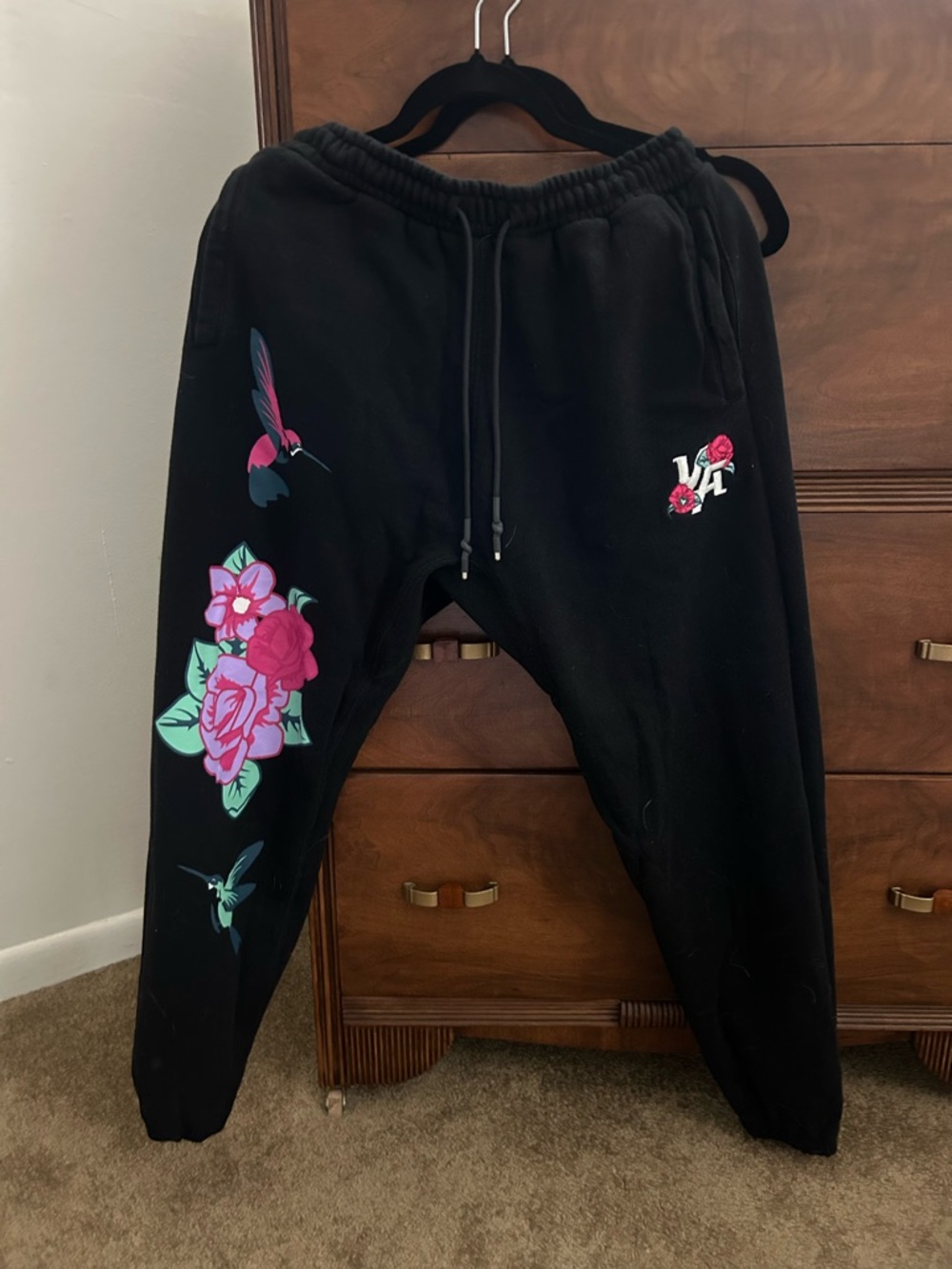 YoungLA Black Sweatpants with Pink Floral & Teal Hummingbird Accents